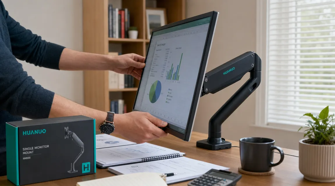 Person tilting monitor arm down toward paper documents on a desk while working