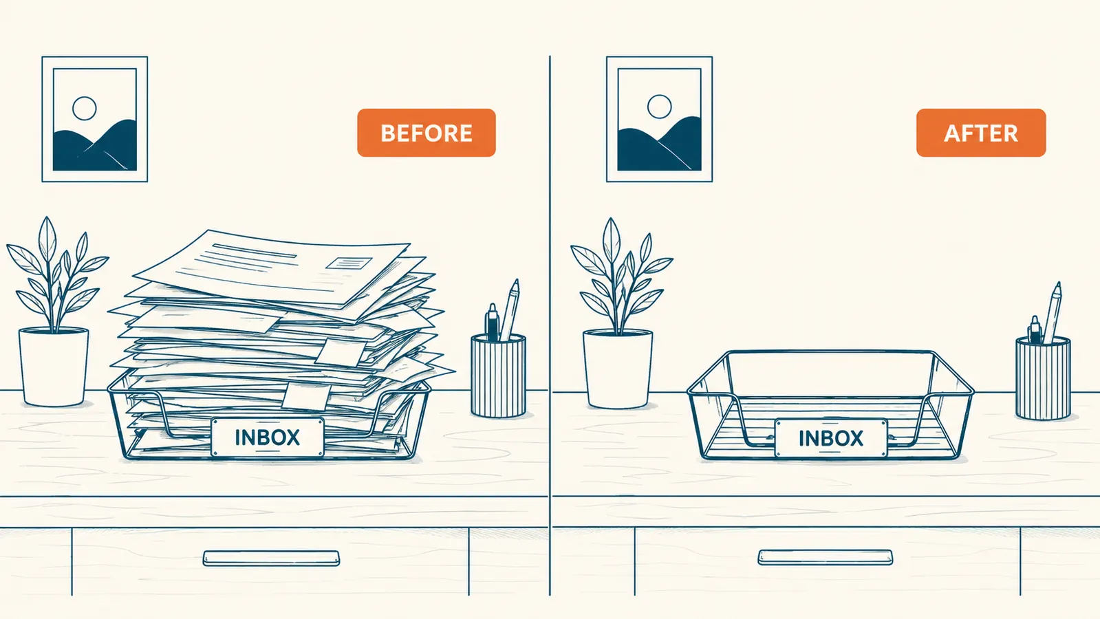 Side-by-side comparison of an overflowing paper inbox tray on the left versus an empty cleared desk surface on the right