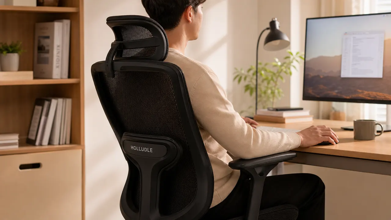 HOLLUDLE ergonomic mesh office chair showing 3D adjustable lumbar support from a side angle
