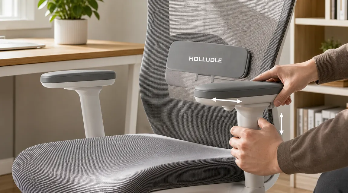 Hand repositioning an adjustable armrest on a mesh office chair, showing lateral range of motion