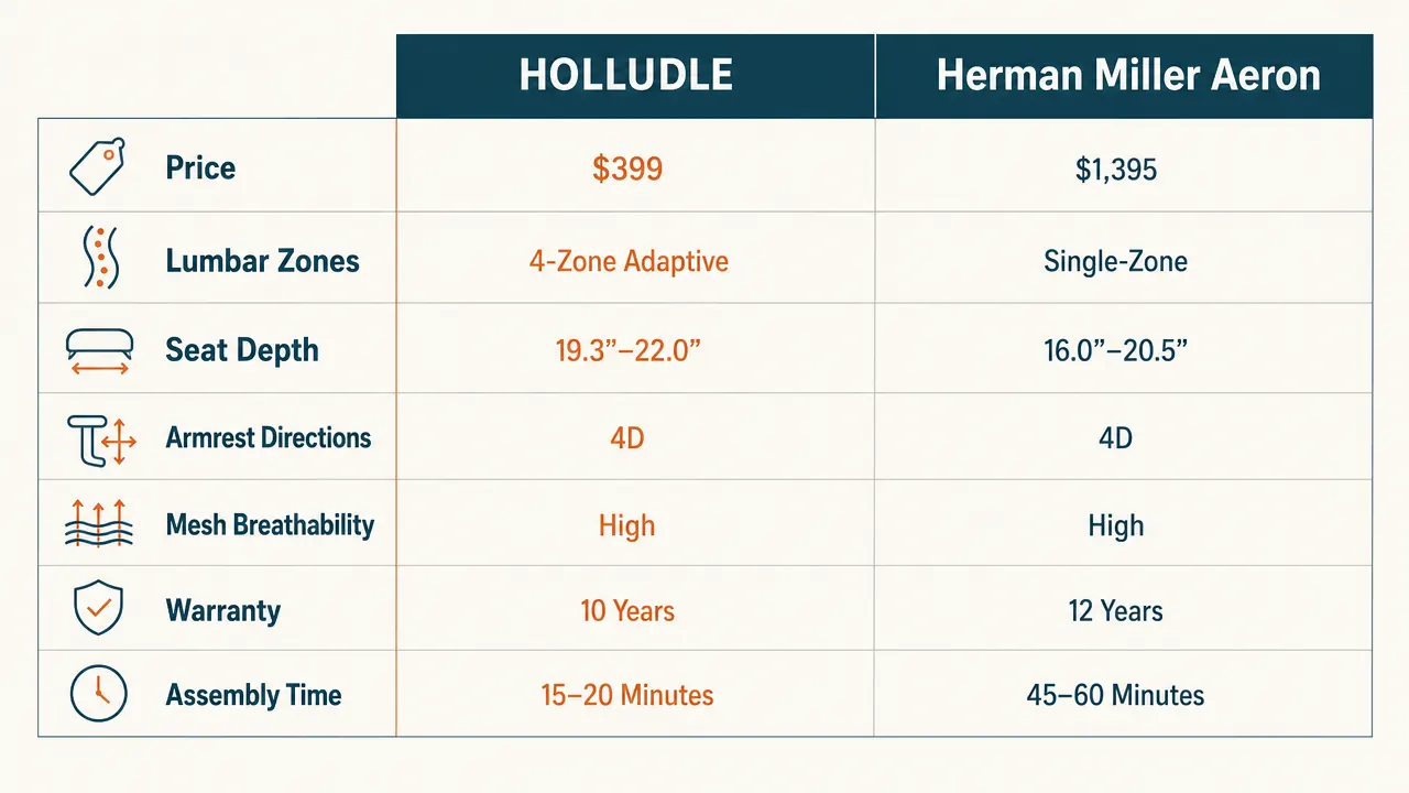 Side-by-side comparison chart of HOLLUDLE chair versus Herman Miller Aeron on key ergonomic features and price