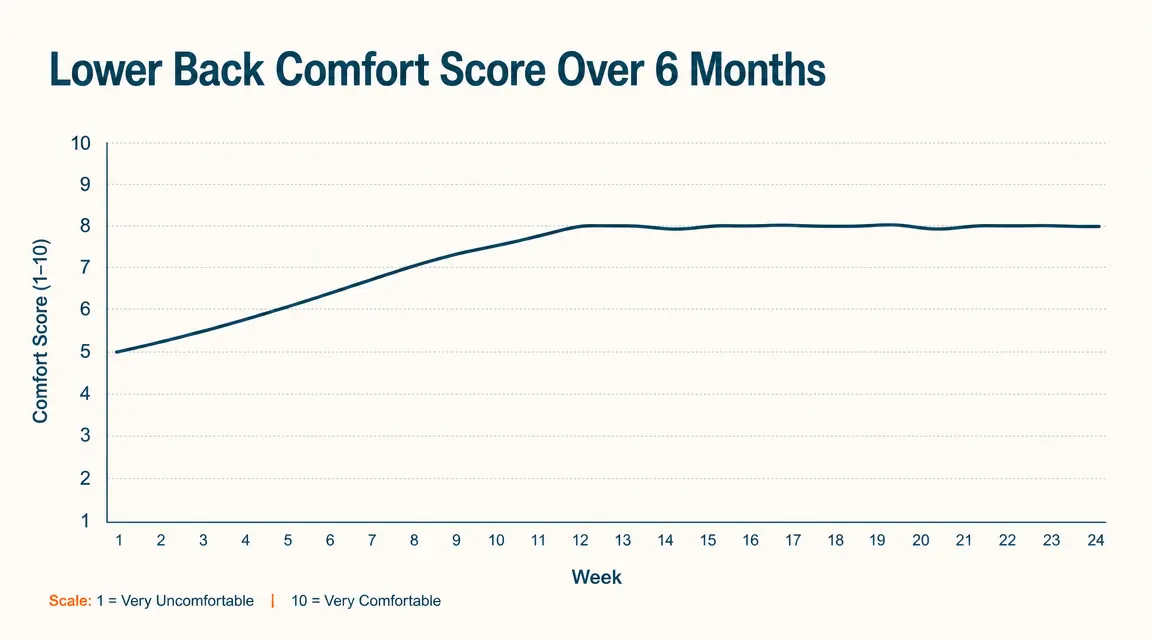 Chart showing self-reported lower back comfort score over a six-month period of using an ergonomic chair, scale 1 to 10, showing improvement from week 1 to week 24