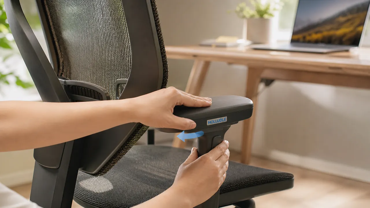 HOLLUDLE ergonomic chair armrest being adjusted sideways with a hand, showing 3D armrest range of motion