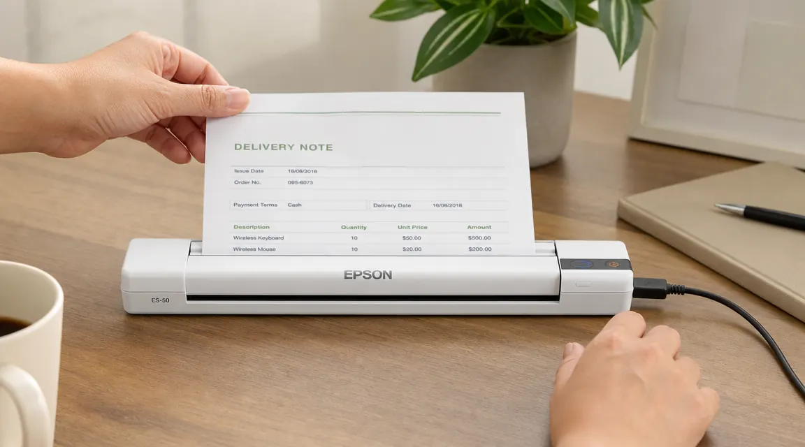 Epson ES-50 portable scanner sitting on a clean desk next to a small stack of documents being fed through