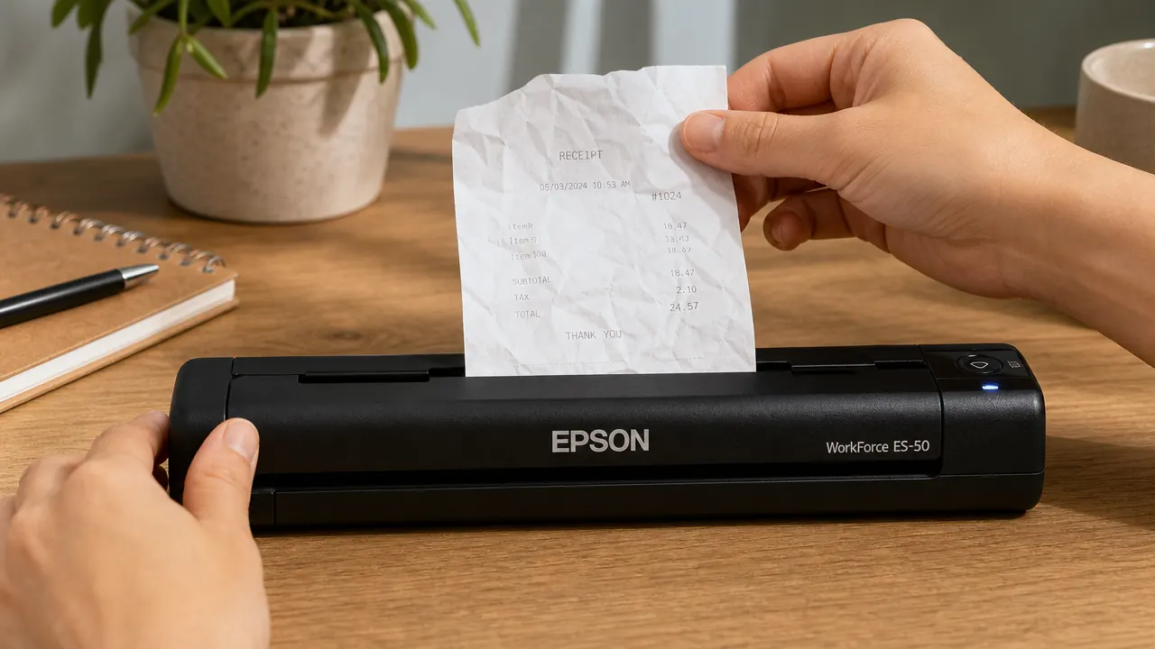 Hand placing a paper receipt into the Epson ES-50 scanner feed slot