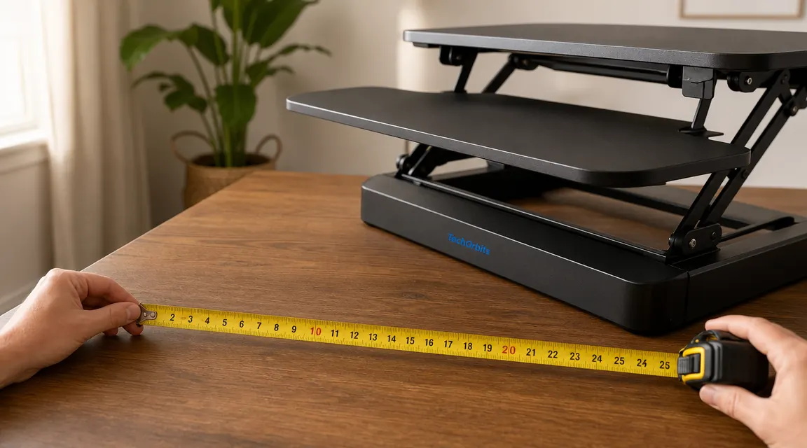 Person measuring desk depth with a tape measure before placing a TechOrbits standing desk converter