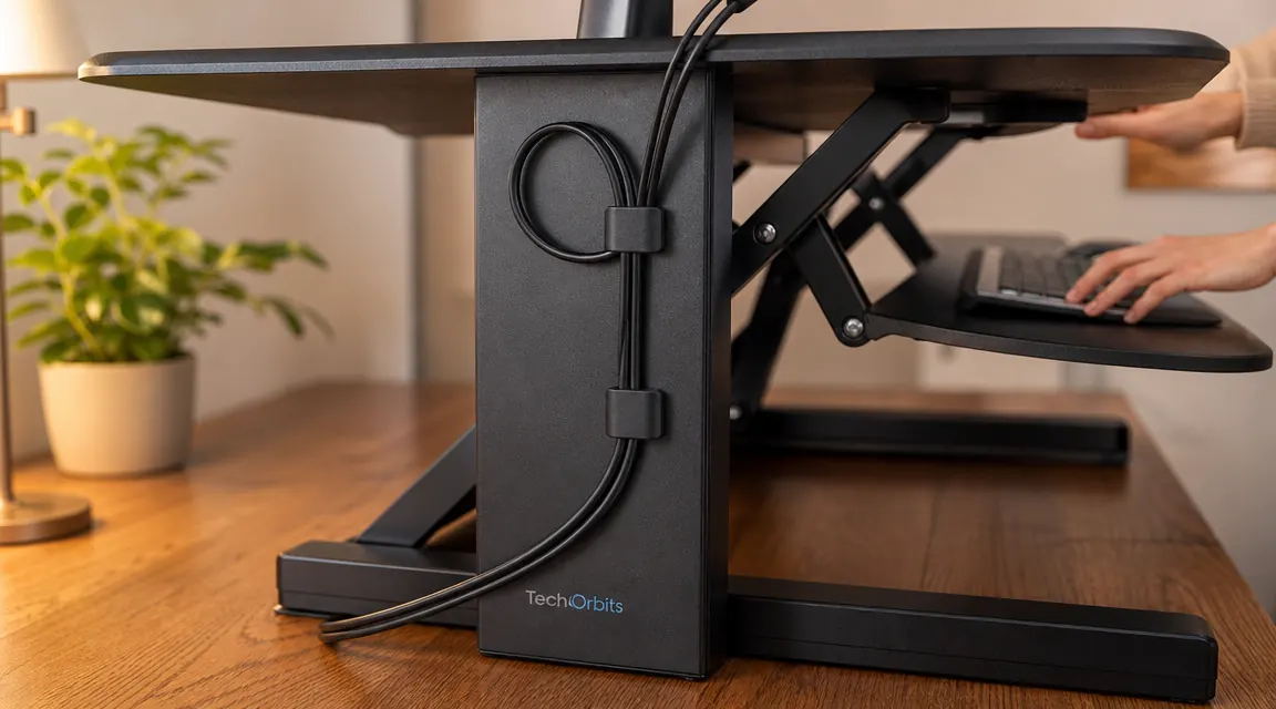 Cable management clips holding monitor and power cables along the rear column of a standing desk converter
