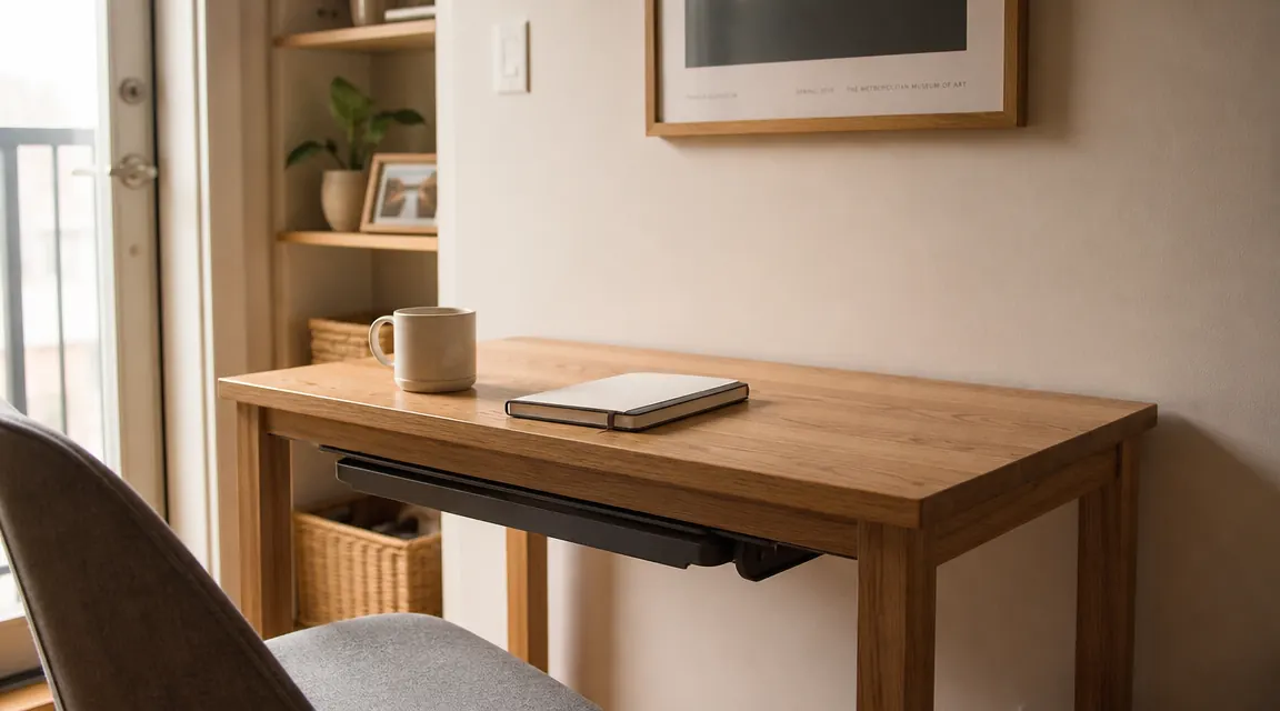 Standing desk converter in lowered position on a small apartment desk, showing minimal footprint when not in use