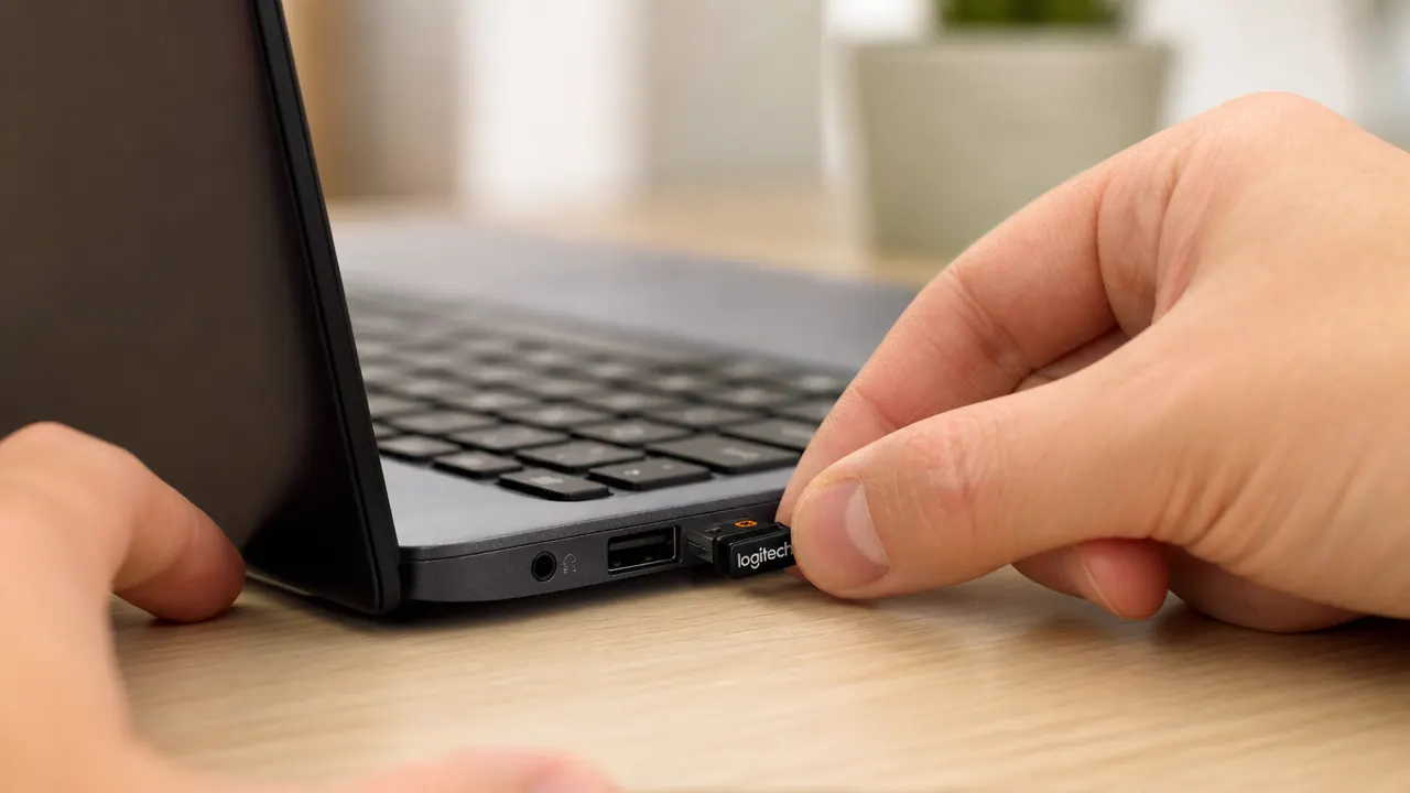 Hand plugging a small USB nano receiver into the side of a laptop