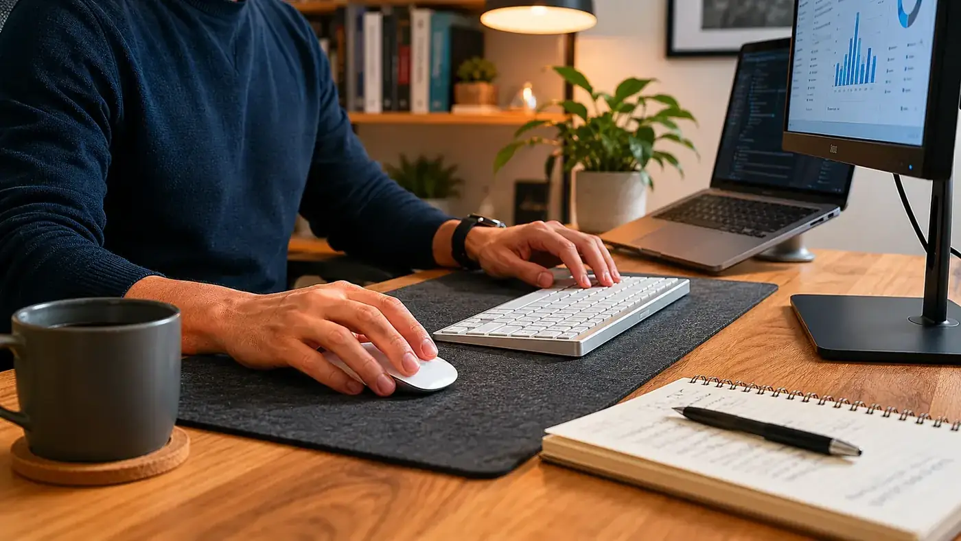 Person using a wireless keyboard and mouse at a tidy standing desk converter setup