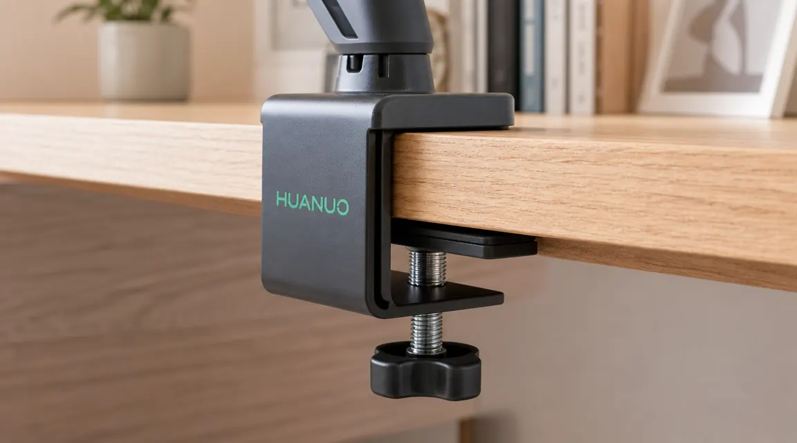 Close-up of the HUANUO monitor arm C-clamp gripping the edge of a wooden desk, showing the jaw opening, tightening knob, and rubber pad on the lower clamp face