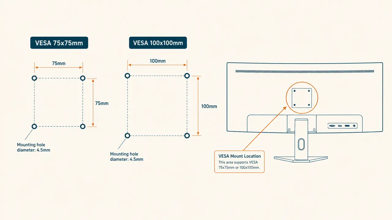 Diagram showing VESA 75x75 and 100x100 hole pattern grids next to a rear view of a 34-inch ultrawide monitor with the VESA mount area highlighted