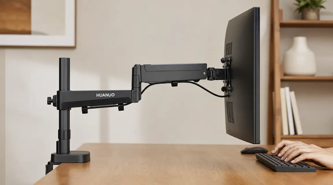 Side profile of the HUANUO monitor arm at full horizontal extension holding a large 32-inch monitor, elbow joint and tension adjustment knob visible on the arm