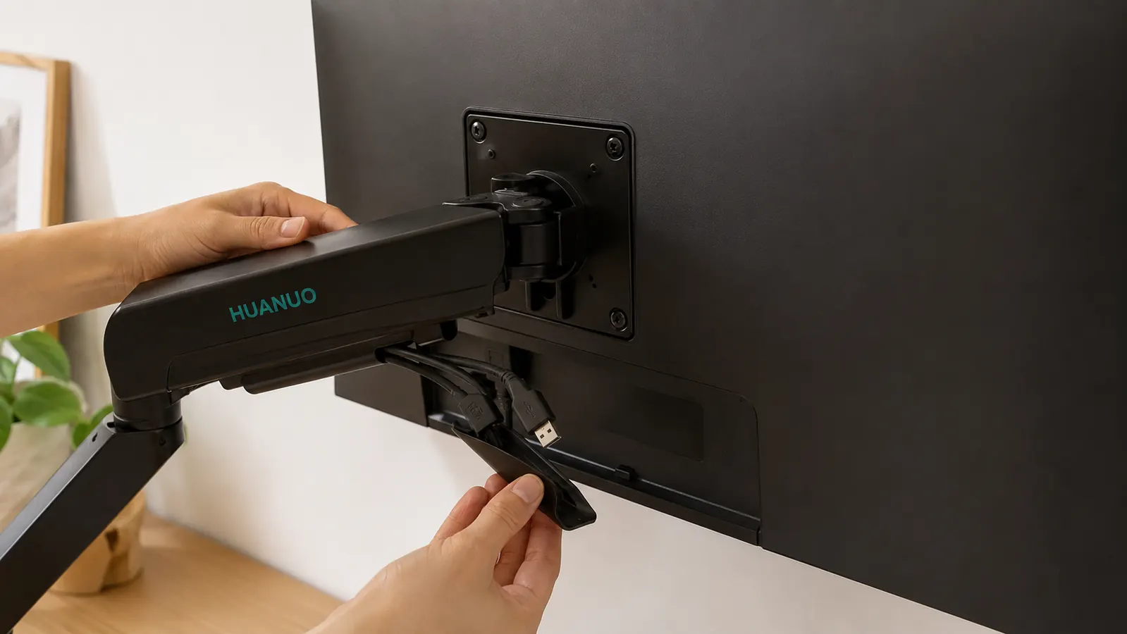 Monitor arm cable channel showing cables routed through the hollow arm tube, clean and organized