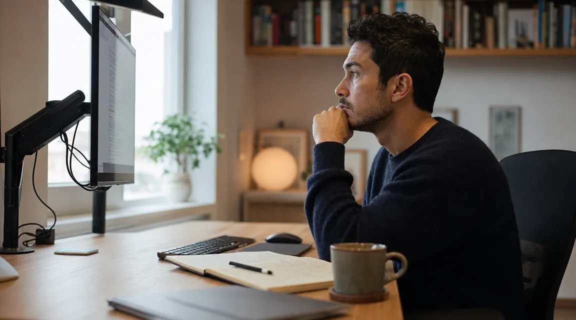 Person working at a home office desk with a monitor arm freeing up desk surface, notebook and coffee mug in the foreground