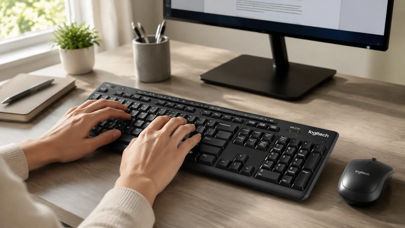 Hands typing on the Logitech MK270 keyboard at a standing desk setup