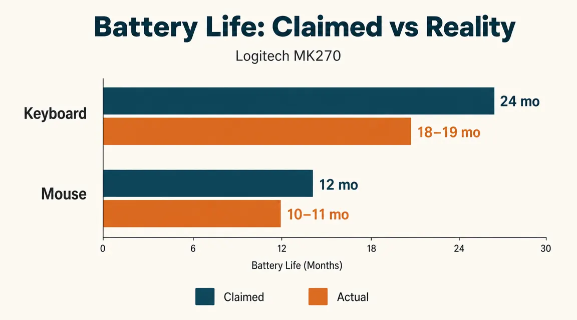 Chart showing MK270 keyboard and mouse battery life claims versus real-world results over two years