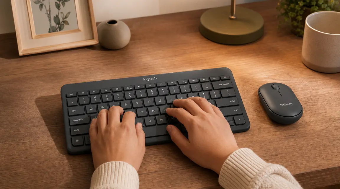 Hands typing on a compact Logitech wireless keyboard at a home office desk, mouse visible to the right