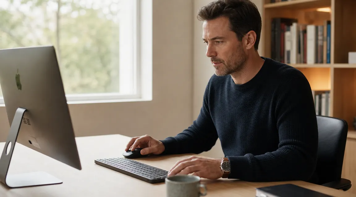 Person working at a desk with a wireless keyboard and mouse, no cable clutter, small home office background