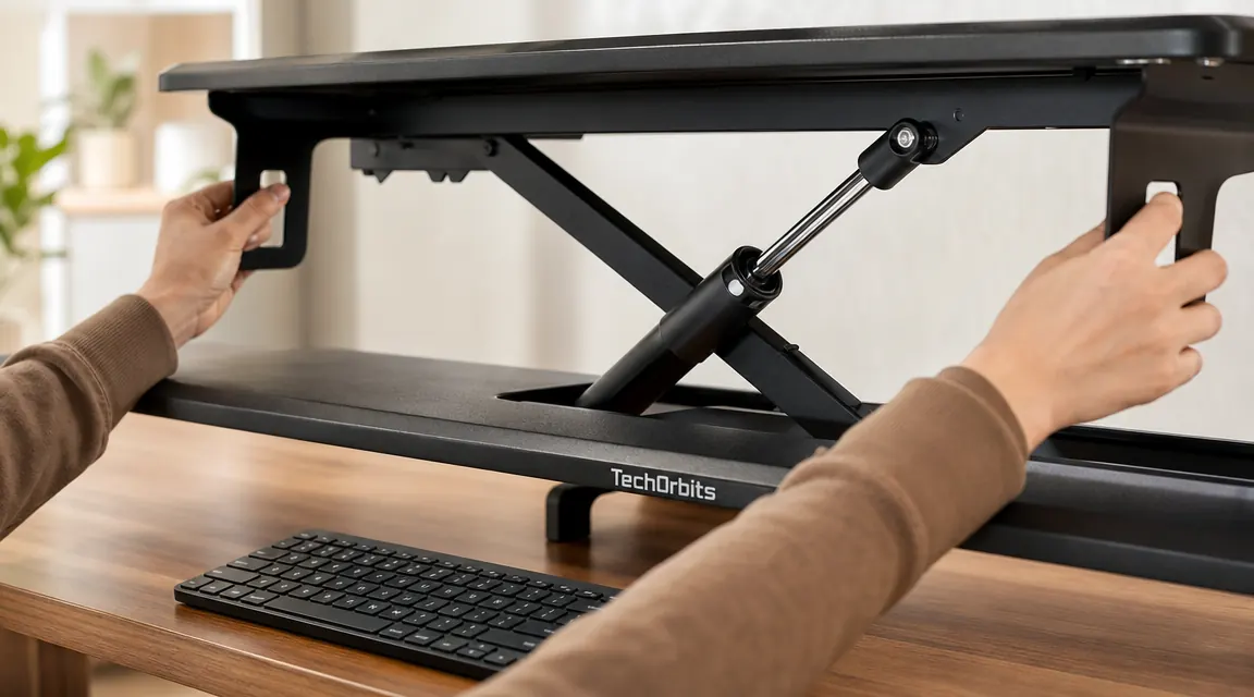 Close-up of hands gripping the side lift handles of a standing desk converter mid-raise, showing the gas spring mechanism