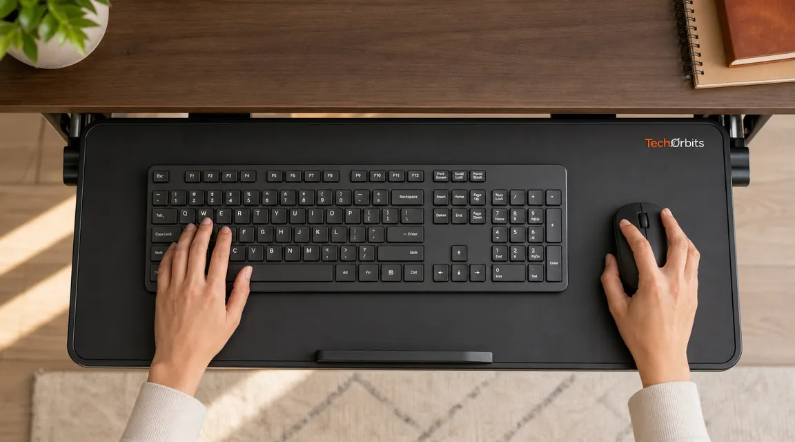 Overhead view of the TechOrbits keyboard tray with a full-size keyboard and compact mouse, showing the tray margins on each side