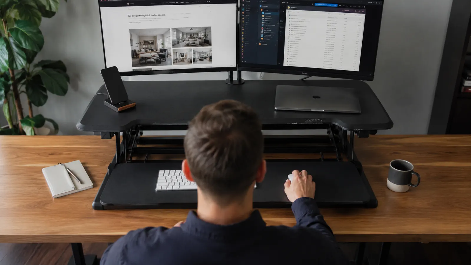 Wide desk surface view showing a 32-inch converter base consuming most of a standard desk width, with only narrow side margins remaining