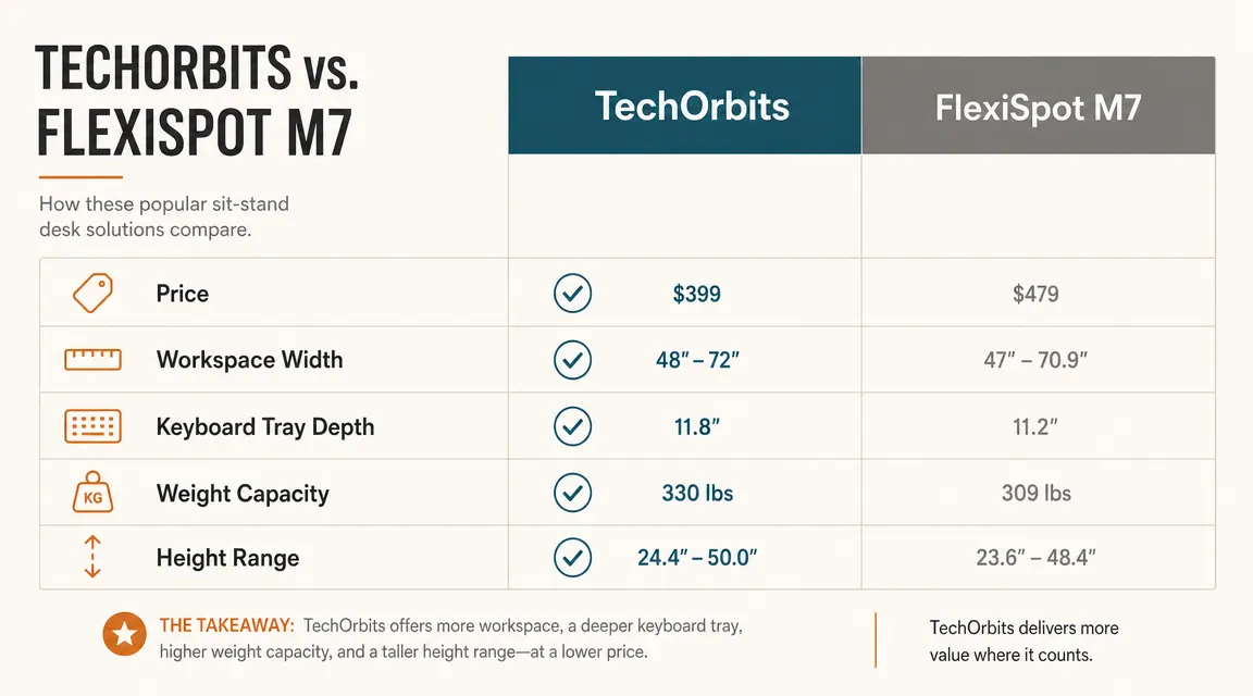 Comparison chart of TechOrbits vs FlexiSpot M7 across five categories including price, workspace width, keyboard tray depth, weight capacity, and height range